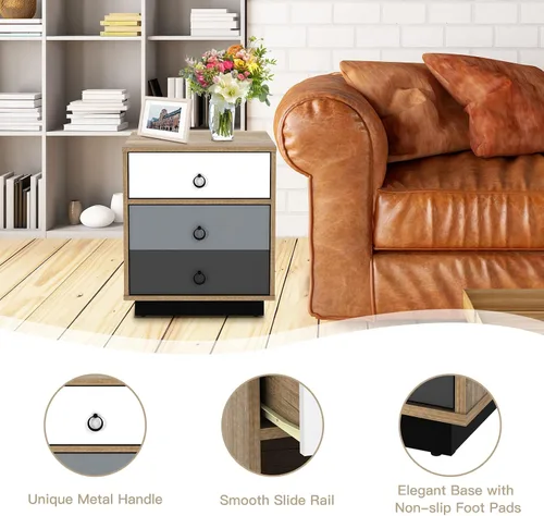 Vista 6 de Giantex Mesita de noche, mesa auxiliar con cajón y armario de almacenamiento, mesita de noche con gran capacidad, mesa auxiliar con asas anulares