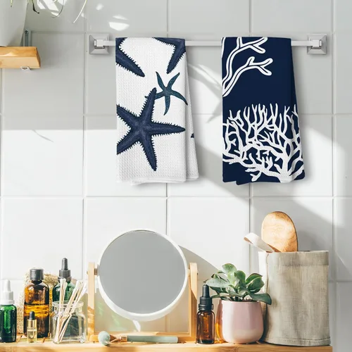 Vista 2 de Toallas de mano náuticas de animales oceánicos para baño, playa y cocina - Juego de 4 paños de cocina azul marino costero de 16 x 24 pulgadas