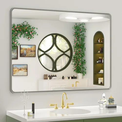 Vista 15 de OKPAL - Espejo de tocador de baño de 20x24 pulgadas con marco de metal cepillado en bronce, espejo de baño con marco de metal cepillado en bronce