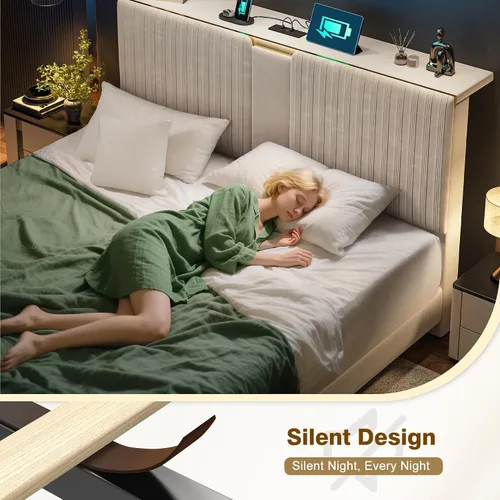 Vista 4 de Homkdom Base de cama Queen con cabecera de almacenamiento de terciopelo de Beige