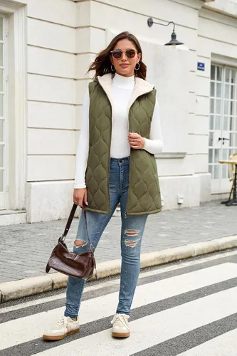 Vista 5 de ECOWISH Chaleco largo acolchado para mujer: chaqueta de forro polar reversible con cremallera para otoño 2025, abrigo de invierno cálido sin mangas