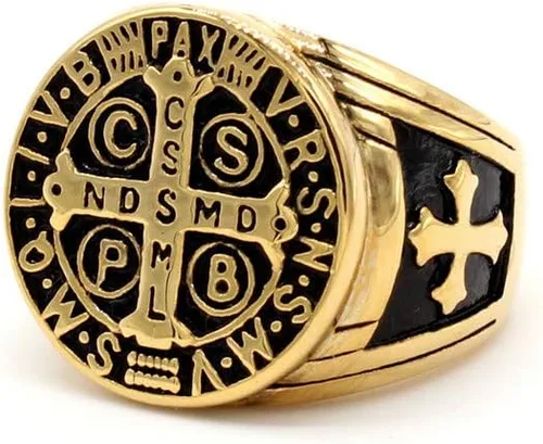 Vista 4 de Anillo de cruz católico de San Benito para hombre, medalla de exorcismo de acero inoxidable