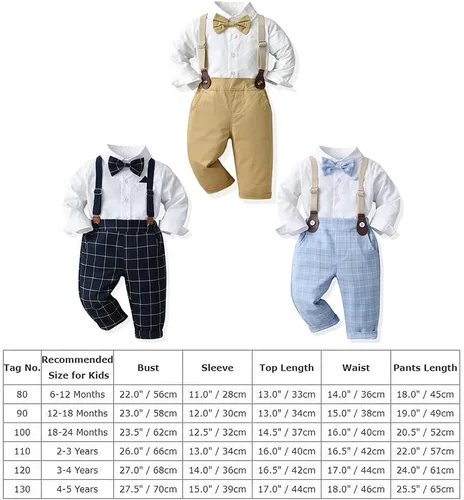 Vista 7 de IDOPIP Toddler Kids Baby Boys Formal Suit Gentleman White Shirt with Bowtie + Suspender Shorts Pants Overalls Clothes 6M-5T