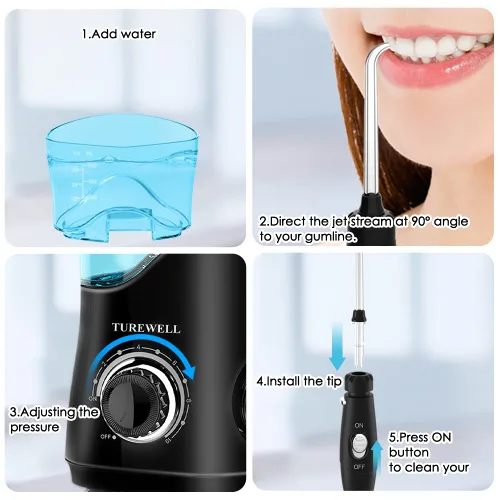 Vista 4 de TUREWELL FC162 Irrigador dental de agua para dientes/frenos, 10 niveles de presión, 8 puntas de chorro de agua para la familia, irrigador dental