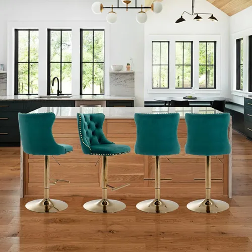 Vista 126 de SoarFlash Juego de 2 taburetes de bar tapizados de terciopelo moderno con patas de madera, botones acolchados, cabeza de clavo cromada, asiento