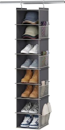 Vista 9 de YOUDENOVA Organizador de zapatos colgante extra ancho mejorado para armario, organizador de almacenamiento de 8 estantes con 8 bolsillos laterales