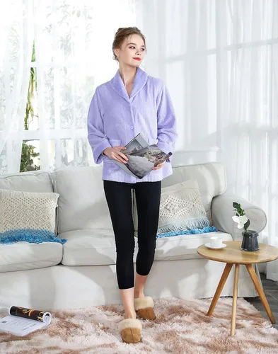 Vista 2 de Chaqueta de cama para mujer, color morado claro, con aguja, forro polar, con botones