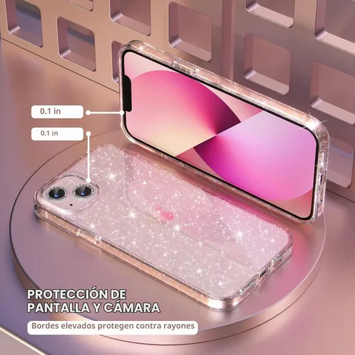 Vista 4 de Choiche Compatible con iPhone 13, funda para mujer con purpurina brillante, 2 protectores de lente de cámara con diamantes, funda protectora a