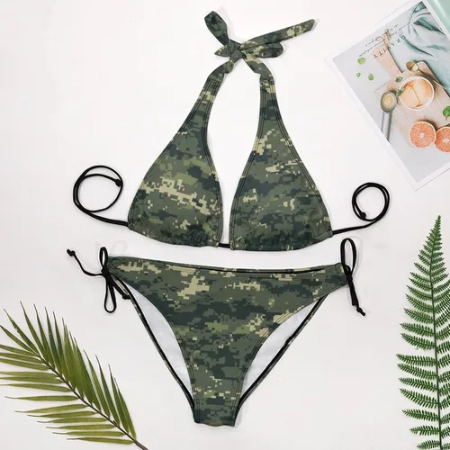 Vista 7 de Traje de baño de dos piezas de camuflaje verde oscuro, traje de baño sexy Halter, conjuntos de bikini de triángulo de cadena
