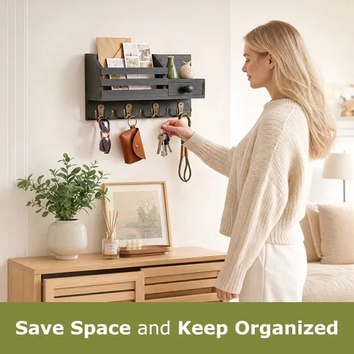 Vista 2 de Soporte para llaves de pared, organizador de correo adhesivo de madera y llaves con cajón, estante pequeño, 8 ganchos, 2 métodos de instalación