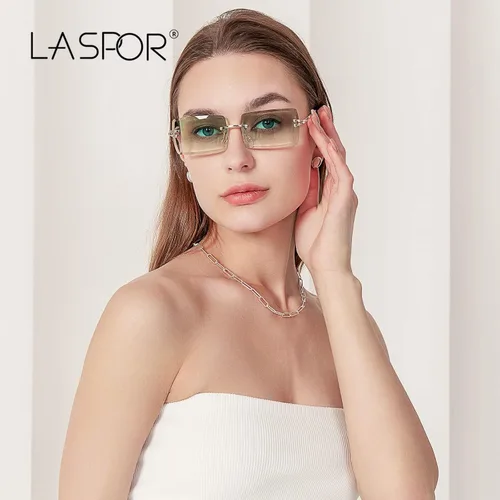 Vista 2 de LASPOR Gafas de sol rectangulares sin montura plateadas para hombres y mujeres de los años 90 y 2000, retro, vintage, cuadradas, sin marco, gafas