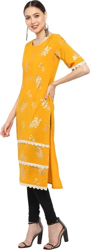 Vista 4 de Janasya Indian Women's Mustard Poly Crepe Foil Print Straight Kurta