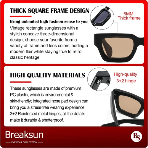 Vista 7 de Breaksun Gafas de sol rectangulares gruesas para mujeres y hombres, lentes de sol cuadrados gruesos de los años 90, lentes de sol de cara pequeña
