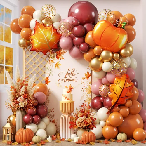 Vista 19 de Kit de arco de globos naranjas, guirnalda de globos de otoño de Acción de Gracias con globo de papel de aluminio de hoja burdeos naranja quemado Día
