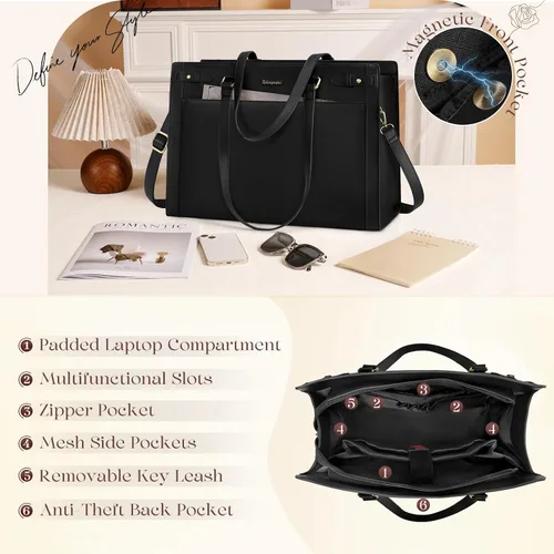 Vista 4 de Bolso para laptop RAINSMORE para mujer de 15.6 pulgadas, bolsa de mano y hombro fabricada en cuero vegano PU, impermeable, maletín de diseñador