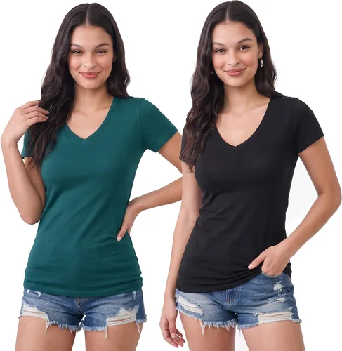 Vista 95 de Emmalise Camiseta de manga corta para mujer, cuello en V, tallas junior y plus