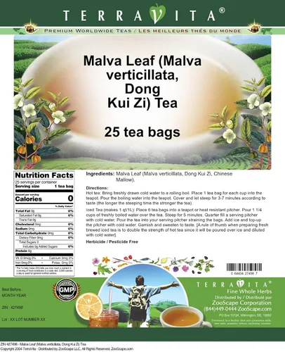 Vista 2 de Hoja de Malva (Malva verticillata, Dong Kui Zi) Té (25 bolsitas de té, ZIN: 427498)