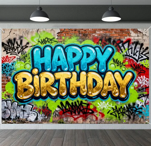 Vista 15 de IVN Pancarta de decoración de cumpleaños, graffiti, tema de galaxia, telón de fondo de 71 x 43 pulgadas con letras de burbujas blancas, estrellas