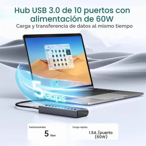 Vista 5 de SSK Concentrador USB 3.0 alimentado por 10 puertos, concentrador de carga