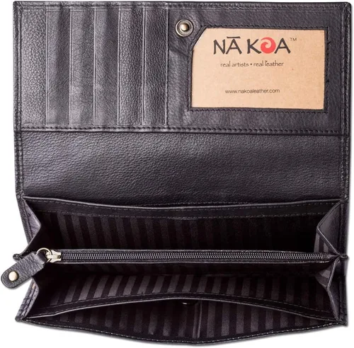 Vista 4 de Cartera de embrague de cuero para mujer de tatuaje polinesio modelo "Ahona" Arte del tatuaje por Kuaika Quenga de NAKOA, Negro -, Cartera delgada