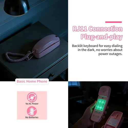 Vista 4 de Teléfono fijo rosa inspirado en el teléfono de princesa vintage de los años 90 con 110 DB+ timbre fuerte, teléfono de pared retro, no requiere