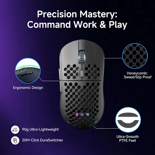 Vista 6 de DIERYA M1 - Mouse inalámbrico para juegos, 24000 DPI, batería de 180 horas, 16.8 M RGB, 6 botones programables, ligero, trimodo (2.4GBT5.2USB-C)