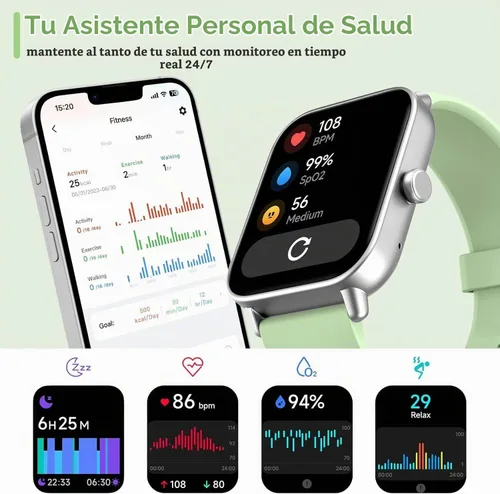 Vista 3 de aeac Relojes inteligentes para mujeres y hombres, Android y iPhone, Alexa integrado, reloj inteligente con pantalla táctil de 1.8 pulgadas con Verde