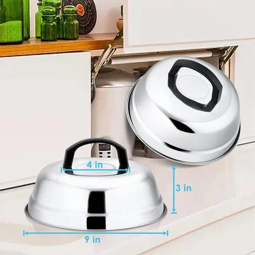 Vista 2 de Leonyo Juego de 2 tapas de cúpula de fusión de queso de 9 pulgadas, accesorios de plancha de acero inoxidable, cubierta duradera para cocinar al
