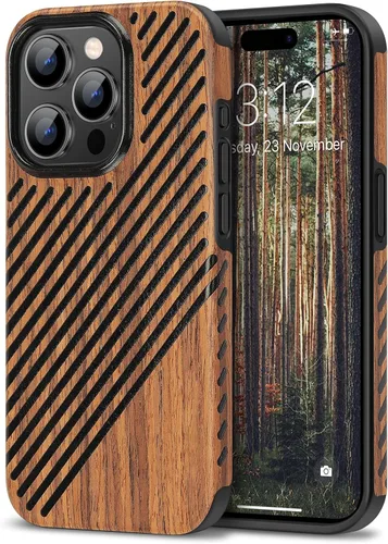 Vista 14 de TENDLIN Funda magnética para iPhone 13 Pro - Funda híbrida de TPU de cuero de grano de madera con compatibilidad MagSafe