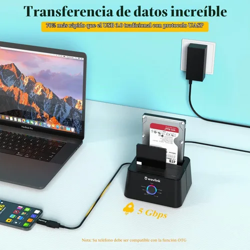 Vista 6 de WAVLINK Estación de acoplamiento de disco duro externo USB 3.0 y USB C a SATA de doble bahía para HDD/SSD de 2.5/3.5 pulgadas con UASP (6Gbps)