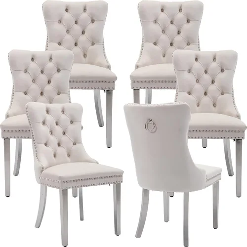 Vista 13 de Juego de 2 Sillas de Comedor Modernas de Mediados de Siglo, Tapizadas en Terciopelo Beige con Respaldo Acolchado, Sillas de Cocina y Comedor, Patas