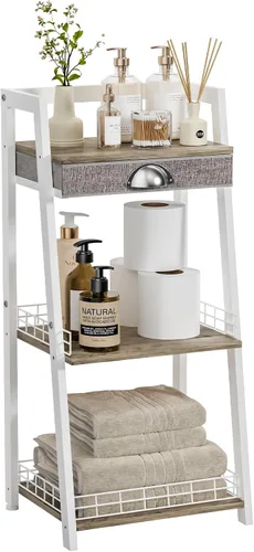 Vista 11 de keomaisyto Estantes de baño de 3 niveles con cajón de lona, estante de almacenamiento de baño, estante de almacenamiento pequeño, estante