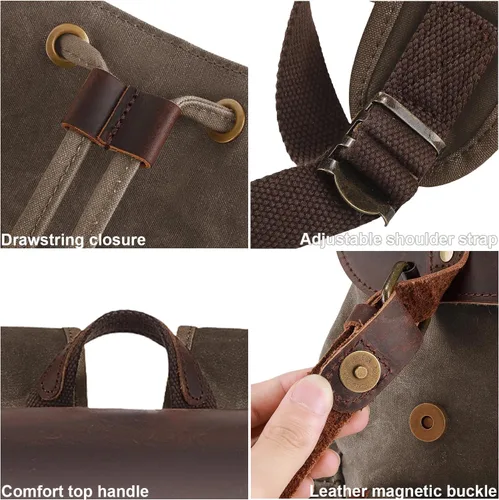 Vista 7 de Mochila de lona encerada vintage casual de cuero genuino para computadora portátil, mochila de hombro para viajes/senderismo/escuela, Verde militar