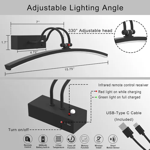 Vista 8 de PAIHOME Luces para fotos en la pared, luz magnética recargable con sensor de movimiento inteligente, control remoto regulable y temporizador