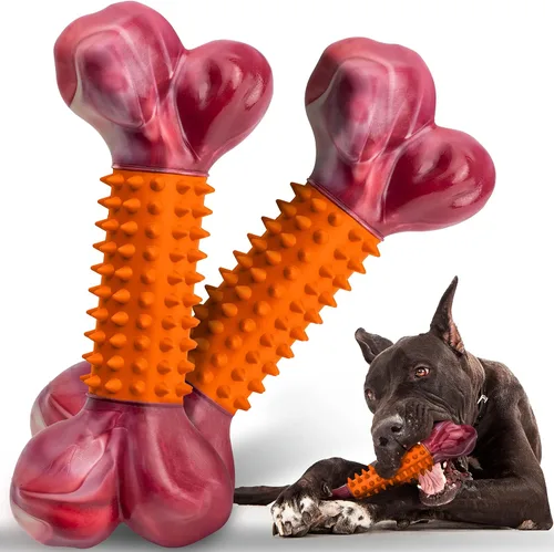 Vista 13 de Juguetes resistentes para perros masticadores agresivos de raza grande, hueso para masticar con sabor a tocino, juguete masticable de nailon y goma
