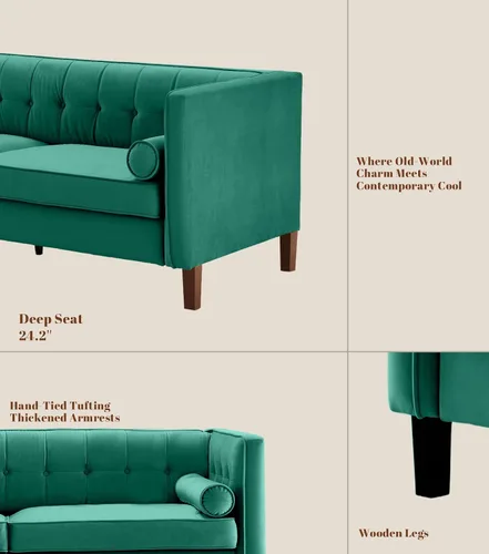 Vista 6 de Dreamsir Sofá de Terciopelo de 58'' de Ancho, Sofá Loveseat de Mediados de Siglo con Almohadas Cilíndricas, Sofá Capitoné con Botones para Sala