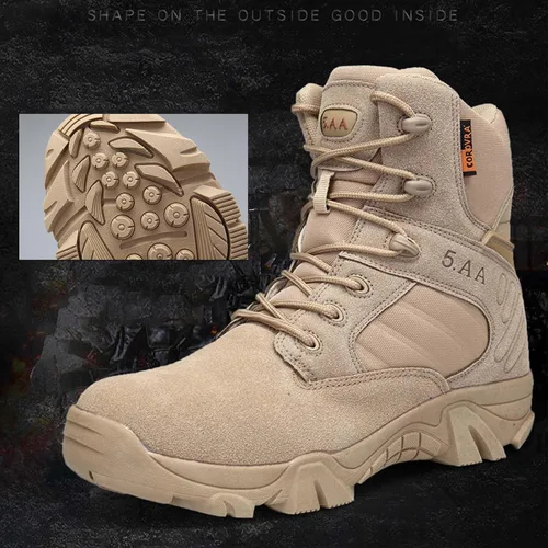 Vista 3 de Botas de trabajo tácticas militares de 8 pulgadas para hombre, botas de combate con cremallera lateral, botas de combate de cuero de gamuza