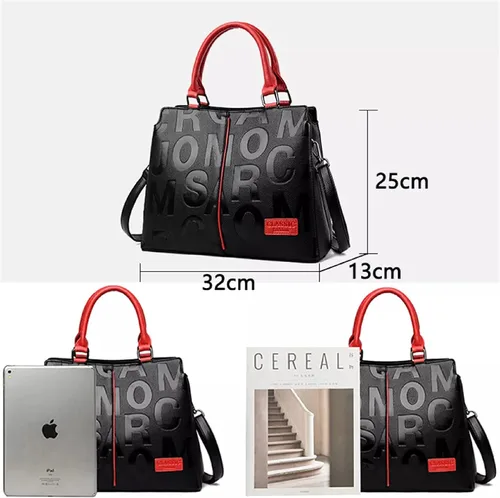 Vista 5 de Moda de cuero negro con bolsos rojos medianos para mujer bolso de hombro de lujo Tote Top Handle Satchel Monederos para damas