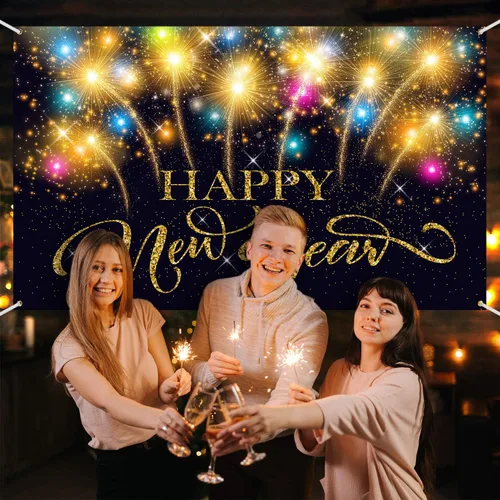 Vista 3 de Blulu Suministros de decoración de fiesta de Año Nuevo, pancarta de tela extragrande para decoración de fiesta de 2026, fondo de cabina de fotos