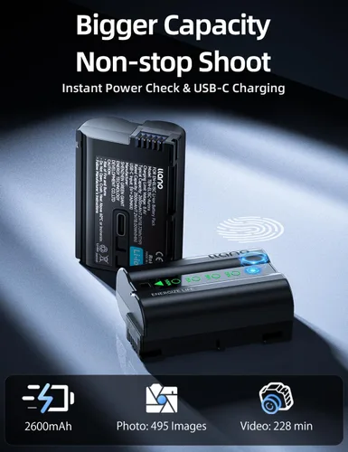 Vista 4 de llano Paquete de 2 baterías Aurora EN-EL15C de 2600 mAh y cargador USB-C de 20 W para Nikon Z8, Zf, Z6III, D850, Z7II, Z6II, Z7, Z6, D7500, D750