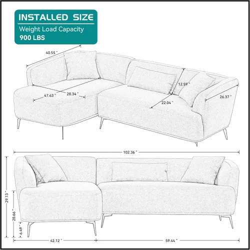 Vista 2 de Sofá modular de 102.36 pulgadas para sala de estar, sofá moderno en forma de L con patas de metal, sofás modulares de tela, para el hogar
