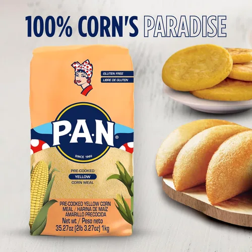 Vista 7 de P.A.N. Harina de Maíz Amarillo - Harina Precocida sin Gluten y Kosher para Arepas, 1 kg (35 oz / 2 lb 3.3 oz)