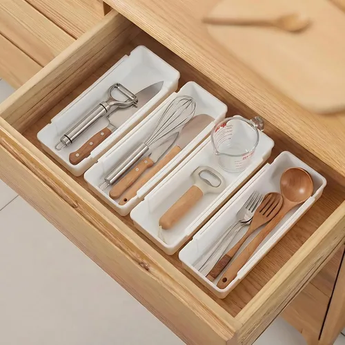 Vista 3 de Juego de organizadores de cajones Paquete de 4 separadores de cajones expandibles para dormitorio, baño, cocina y oficina Bandejas de plástico