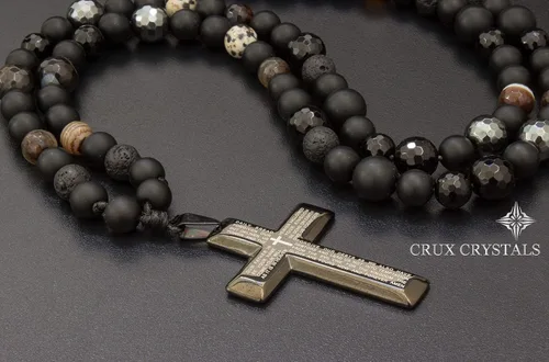 Vista 6 de Mens Cross Pendant Beads Necklace Gemstone Natural Stone Necklace Onyx Beaded Necklace Rosary Prayer Necklace Crux Crystals Mens Religious Jewelry