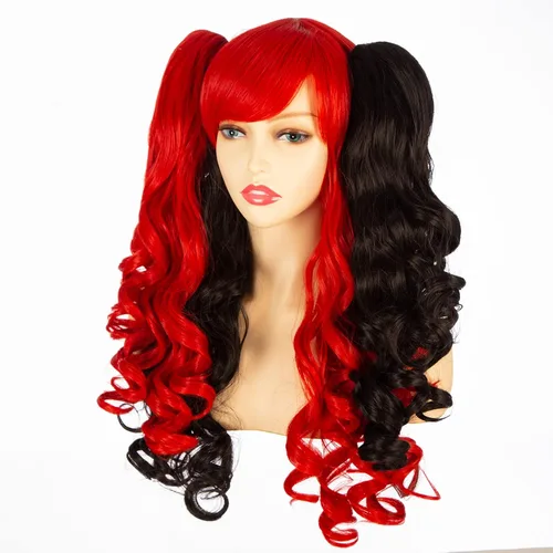 Vista 2 de MAN SI Peluca larga y rizada con clip de doble garra para mujer, pelucas de cosplay de anime de Halloween (negrorojo)