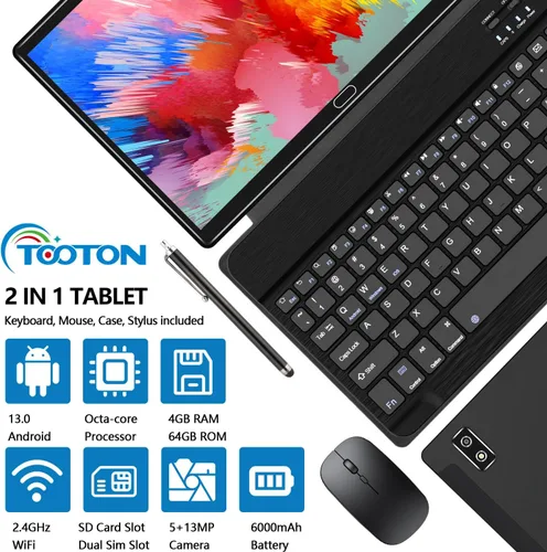 Vista 2 de Tableta Android 13 de 10 pulgadas, tableta 2 en 1 con 4+64/512 GB de almacenamiento Octa-Core, compatible con tarjeta SIM dual 4G con teclado