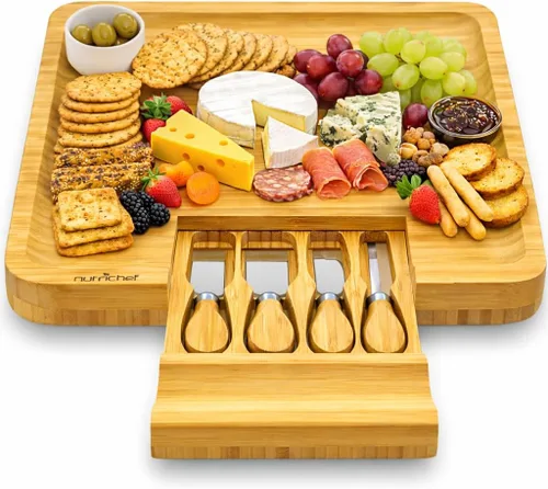 Vista 9 de NutriChef Set de tabla de queso de bambú natural con taza de condimentos extra grande de bonificación - Tamaño 100% orgánico para el hogar, plato