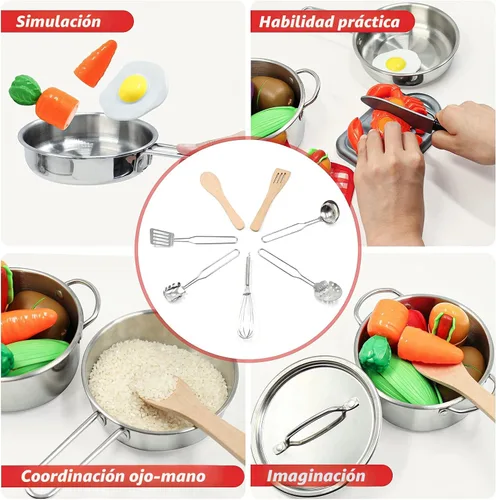 Vista 6 de Juego de accesorios de cocina para niños, juego de 32 artículos de ollas y sartenes de acero inoxidable con organizador de estante, utensilios