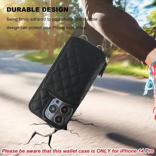 Vista 8 de Bocasal Funda tipo cartera cruzada para iPhone 14 Pro, con bloqueo RFID, de piel sintética, con cremallera, funda tipo cartera con función atril