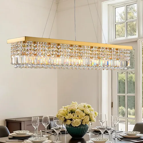 Vista 15 de Candelabros Modernos de Cristal para Lámpara de Comedor, Candelabro de Techo Rectangular Dorado de 6 Luces para Isla de Cocina y Sala de Estar